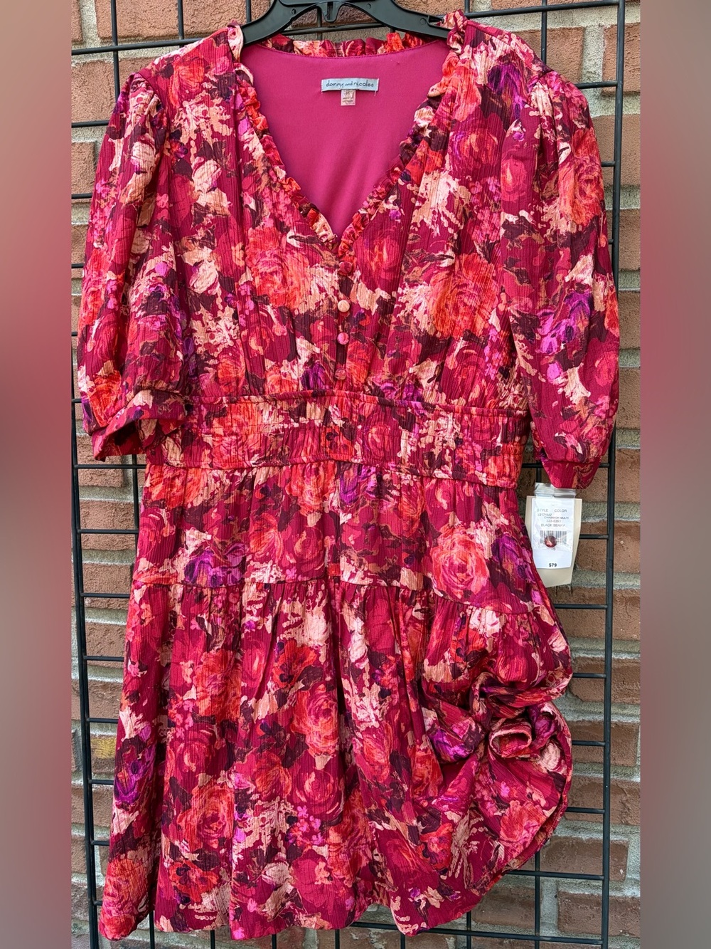 Danny & Nicole Magenta Floral Tiered Dress with Pink and Red Accents
